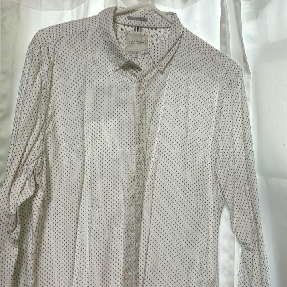 Cactus Man white button down. Black circles design.